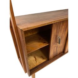 Mahogany and pine sideboard, one cupboard and shelf over one base with sliding doors, opening to reveal one fixed cupboard, raised on squared tapering supports 