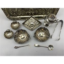 Early 20th Century embossed silver dressing table tray 26cm x 18cm Maker J & R Griffin, pair of small silver heart shape sweetmeat dishes, pair of silver salts, small silver dressing table dish etc 9.8oz