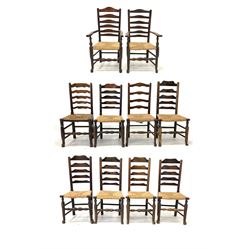 Matched set ten (8+2) 19th century ladder back dining chairs, with rush seats, raised on turned supports united by stretchers 