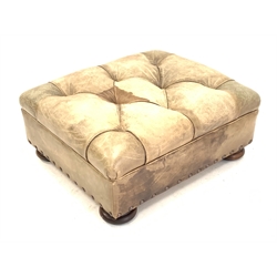  Square leather footstool upholstered in deep buttoned green tan leather, raised on compressed bun supports, 70cm x 81cm, H35cm  
