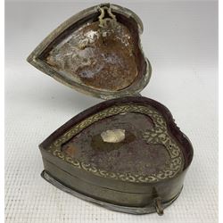 18th or 19th century Islamic/Persian brass heart-shaped travelling make-up box, the ornate pierced cover opening to reveal two compartments with hinged double container, 12cm x 10cm 