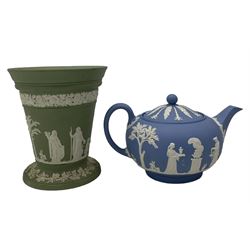 Wedgwood blue jasperware teapot and green flower vase with frog insert, H17.5cm (2)