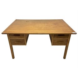 Mid-20th century oak kneehole desk, rectangular top, fitted with four drawers, on square supports
