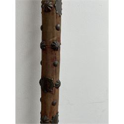 Venetian pole iron of 17th century design engraved with a coronet and crest, the wooden haft with applied Roman and other coins L155cm