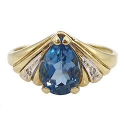 9ct gold pear cut London blue topaz ring, with diamond chip shoulders, hallmarked 