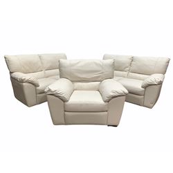 Natuzzi - 'Editions' three piece lounge suite comprising a pair of three seat sofas upholstered in cream leather, and a matching armchair 