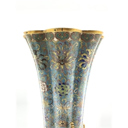 Chinese cloisonne vase, 18th Century, of lobed circular form, decorated with an all over floral design on a turquoise ground beneath a flared rim and with gilt bronze key pattern supports and gilded interior H30cm adapted for use as a table lamp and on a later marble base 