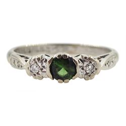 18ct white gold three stone diamond and green garnet ring, Birmingham 1970