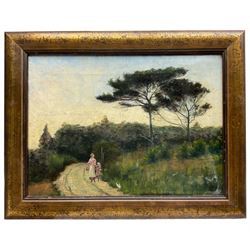 EK Black* (British Early 20th Century): Mother and Daughter take a Woodland Walk, oil on canvas indistinctly signed 31cm x 42cm 