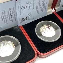 Queen Elizabeth II 2000, 2001 and 2002 Isle of Man silver proof Christmas fifty pence coins, all cased with certificates
