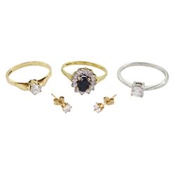 9ct gold cubic zirconia jewellery including pair of stud earrings, two single stone rings and a cluster ring