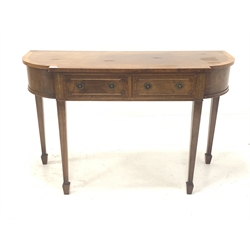 Georgian style mahogany break bow front console table, fitted with two drawers, raised on square tapered supports with peg feet, with brass floral and strung inlay