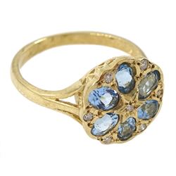 9ct gold aquamarine and diamond cluster ring, hallmarked
