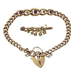 Edwardian 9ct gold amethyst and seed pearl graduating bracelet, with heart locket clasp, London import marks 1906 and a 15ct gold pearl flower design brooch