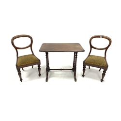 Pair of Victorian mahogany balloon back dining chairs, with drop in upholstered seat pads, raised on turned front supports, (W47cm) together with Victorian mahogany occasional table, rectangular moulded top over four turned and splayed supports united by turned stretcher, (85cm x 50cm, H71cm)