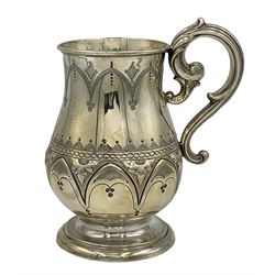 Victorian silver baluster mug with scroll handle and geometric decoration H15cm Birmingham 1874 Maker Brookes and Crookes
