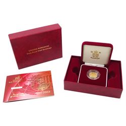 Queen Elizabeth II 2003 gold proof half sovereign coin, cased with certificate