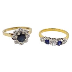 9ct gold sapphire and diamond chip cluster ring, hallmarked and a gold blue and clear paste stone set ring