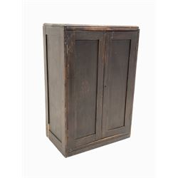 19th century stained pine floor standing cupboard, with two panelled doors enclosing three shelves W77cm, H115cm, D47cm