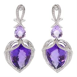 18ct white gold amethyst and diamond suite, comprising necklace, pair of pendant stud earrings and bracelet and ring, each with pear cut amethysts and round brilliant cut diamonds, stamped 750 