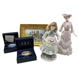 Coalport Belle Epoque 'Lady Evelyn', and 'Childhood Joys' limited edition figurines, Halcyon days pillboxes (boxed) together with Royal Worcester York Minster plate
