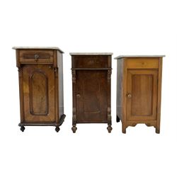 Three late 19th/early 20th century bedside pot cupboards, each with white marble top over drawer and cupboard (the largest - W46cm, H87cm, D37cm)