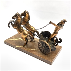 20th Century cast metal study of Roman chariot and horses raised on a marble base of rectangular form, L36cm 