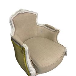 G&G - Pair of French style tub chairs, the show frame painted white with beige and yellow upholstery 