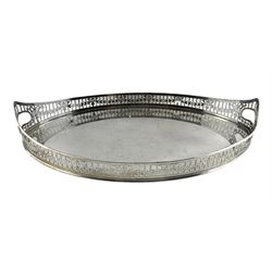 Victorian Roberts & Belk navette form silver-plated tray with pierced swag gallery, L50cm, 