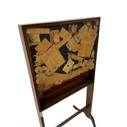 19th century mahogany travel desk, the fall front with writing inset and fitted interior for paper and inkwells, the reverse with scrap work and engravings, rectangular end supports with peg stretcher on cabriole feet 