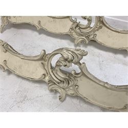Pair of 18th century design white painted window pelmets of serpentine form, centred by 'C' scrolled acanthus leaf decoration W161cm