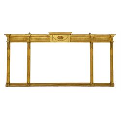 Adam style giltwood and gesso over-mantel mirror, central panel with bellflower garland and oval floral cartouche, fluted frieze over three bevelled mirror plates, reeded half column pilasters with ribbon cross decoration and acanthus capitals