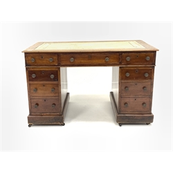 Victorian mahogany twin pedestal desk, the top inset with tooled leather writing surface over three frieze drawers, the two pedestals each housing three graduated drawers, raised on castors, 120cm x 70cm, H75cm