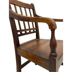 19th century elm and fruitwood elbow chair, vertical moulded upright rails over spherical turnings, down swept arms on turned supports, tapered plank seat, on square supports joined by plain stretchers