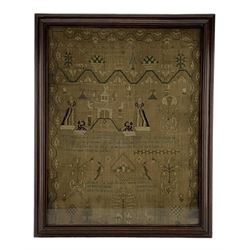 George III sampler worked by Sarah Sherwin, 1808 in coloured wools with a scene of Adam & Eve beside the Tree of Life and verse, a building flanked by two cats and female figures, birds, trees, flowers and other objects within a geometric border, 56cm x 43cm 