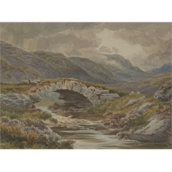 English School (Late 19th cenutry): Sheep by a Stone Bridge, watercolour bears signature W Mellor and date 1894, 23cm x 30cm