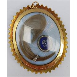 After Richard Cosway (British 1740-1821): 'Miss Maund', miniature portrait in gold frame with split pearl surround, the guilloche enamel reverse with a letter 'P' atop a blue glass plaque surrounded by pearls and a lock of hair, the mount engraved 'Cosway Muss Maund' 6cm x 5cm 
Notes: the sitter is either Penelope Maund (1753-1832) or Priscilla Maund (1763-1823), both daughters of the bookseller Benjamin Maund