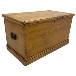 Victorian scumbled pine blanket chest, rectangular hinged top, iron handles to the sides, on plinth base
