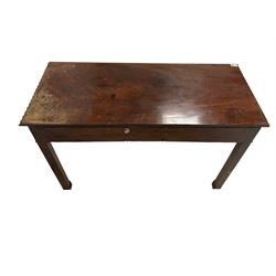 George III Chippendale design mahogany side table, rectangular top with gadroon moulded edge, the frieze carved with blind fretwork with interlaced stylised flower heads, raised on square chamfered supports carved with further blind fretwork 