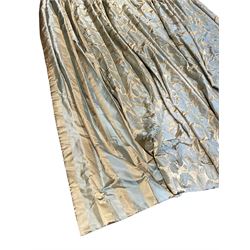 Large collection of thermal lined curtains in gold and pale blue brocade patterned fabric with striped edges, pencil pleat headings; (single W120cm Fall-230cm) (single W110 Fall-230cm) (single 120cm Fall-230cm) (single W105cm Fall-230cm) (single W125cm Fall-230cm) (single W150cm Fall-230cm) together with three pelmets (two L450cm) (one L260cm) and six tiebacks 