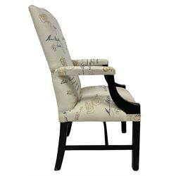 Set of six contemporary Georgian shape high back dining armchairs, ebonised hardwood framed, upholstered in pale fabric with postage mark pattern, on moulded square supports united by plain stretchers