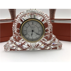Waterford crystal mantle clock, two boxed Shanghai-Tang clocks and three porcelain candlestick table lamps,.H43cm 