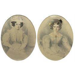 T Lawrence Whitaker (Lieutenant 65th Regiment) (British early 19th century): Seated Portrait of 'Christina Eaton Boucher', pair oval pencil and watercolours inscribed and dated 1828, inscribed verso 'Phillipstowe 8th April 1828, For Mrs. Eaton's acceptance with Mr Whitaker's compliments', 16cm x 13cm (2) 