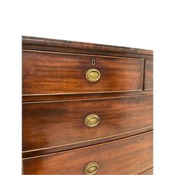 19th century mahogany bow front chest, fitted with two short and three long cockbeaded drawers with brass urn handles, the shaped apron flanked by bracket feet