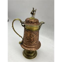 Victorian Renaissance style pedestal ewer by John Grinsell & Sons, the domed cover with foot soldier finial, scroll handle, mask spout and embossed body with figural panels titled 'Nolvi', 'Solertia' and 'Patientia' H28cm 
