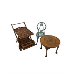 Victorian style cast aluminium garden seat, (W36cm) together with a slatted hardwood two tier drinks trolley (W51cm) and a 20th century walnut coffee table (D62cm)