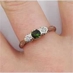 18ct white gold three stone diamond and green garnet ring, Birmingham 1970