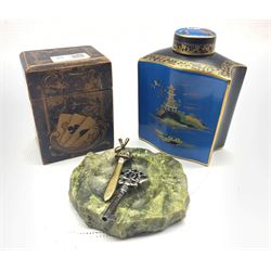 Wooden card box, ornate metal key, Carlton Ware tea cannister in the Mikado pattern, ashtray etc