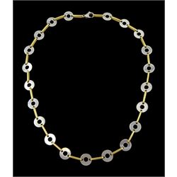 19ct white gold circular disk and yellow gold bar link necklace, with 9ct gold clasp