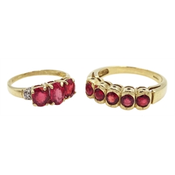 Gold five stone ruby ring and a gold three red stone and diamond ring, both 9ct stamped or hallmarked